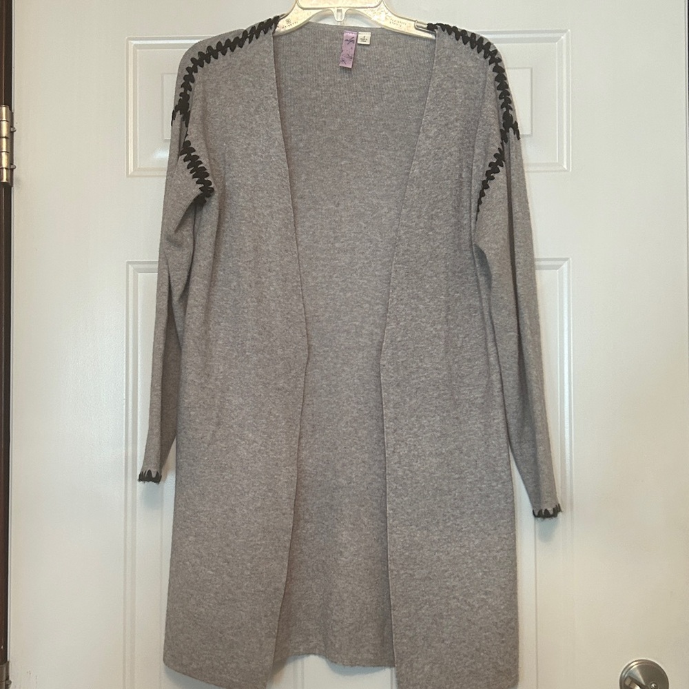 Alya Open Front Cardigan Gray Black Braided Trim S Long Casual Career Duster